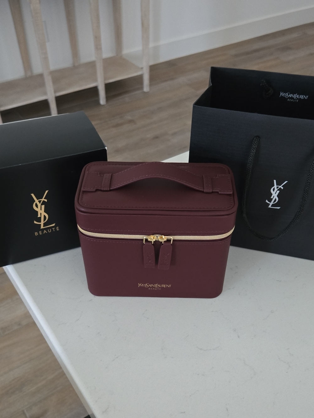 Brand New in box YSL vanity case Bag top Handle Vanity Case Burgandy W/Gold Logo